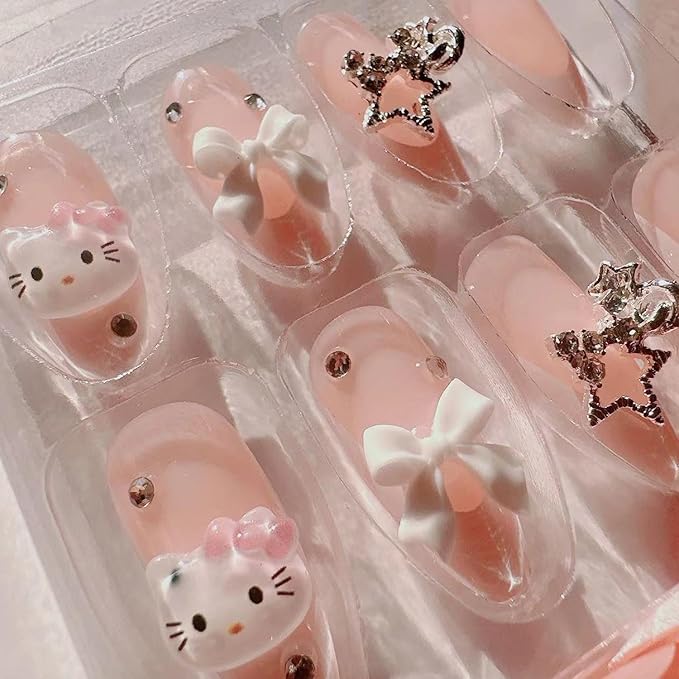 French Tip Press on Nails - Pink Cute Almond Fake Nails - White French Nail Cartoon Press ons Bow Star False Nail Tips Stick on Artificial Rhinestones Nails for Women 24pcs