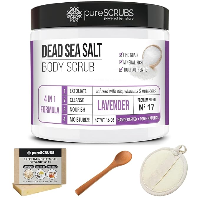 pureSCRUBS Premium Lavender Body Scrub Set - Large 16oz Dead Sea Salt Body Scrub With Infused Essential Oils & Nutrients, Includes Wooden Spoon, Loofah & Oatmeal Exfoliating Bar Soap-VivaGrace Women
