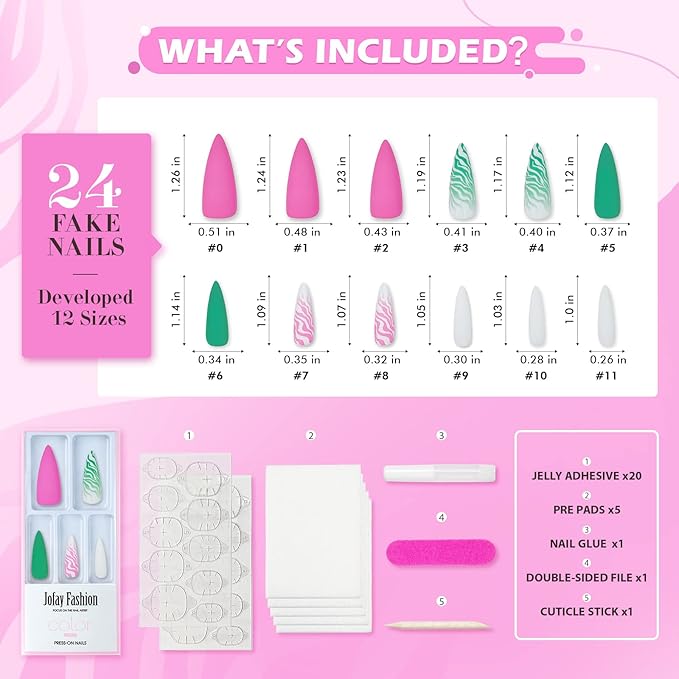 Extra Long Press on Nails XXL Pink and Green, Jofay Fashion Fake Nails with Designs, False Nails with Glue, Stick on Nails for Women Girls, Natural & Reusable, Acrylic Nail Tips, Alps, 24pcs