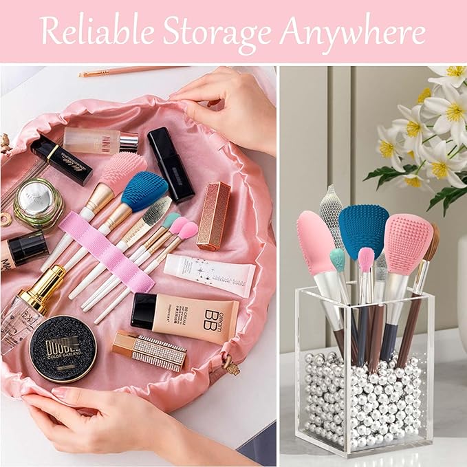Silicone Travel Make-up Brush Holder with Cleaner Mat Pad, Organizer Case Covers for Foundation Eye Lip Brushes Storage Cleaning, Gift for Women Girl-friend Mother Wife, 5-Pcs Large + 7 Small, Blue-VivaGrace Women