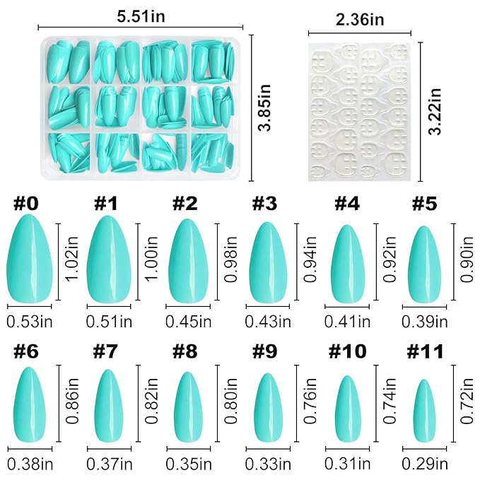 LoveOurHome 240pc Almond Press on Nails Medium Stiletto Fake Fingernails Full Cover False Artificial Nail Tips Blue Manicure Decor with Tabs for Women Girls