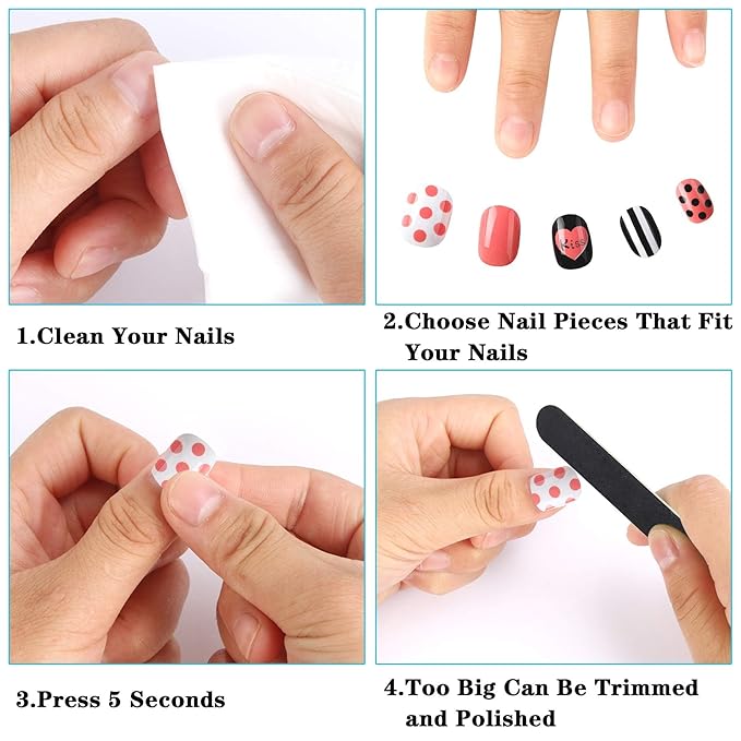 JANYUN 96 Pcs Children False Nails Valentine's Day Short Fake Stick on Nails Kit for Girls Stick on Nails