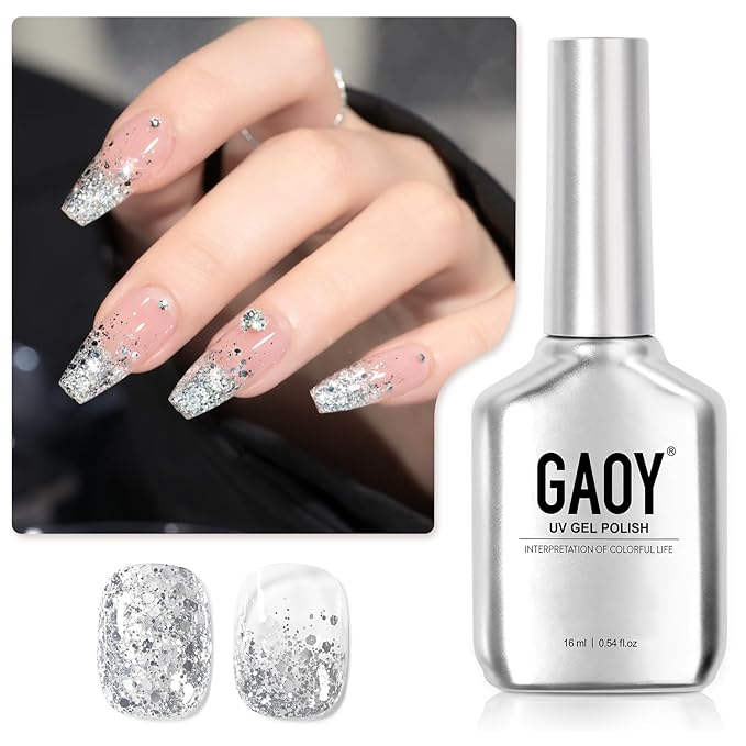 GAOY Glitter Gel Nail Polish, 16ml Silver Sparkly Gel Polish, Diamond Shiny Glitter UV Gel for Nail Art, Soak Off Nail Polish Home DIY Manicure, 1348