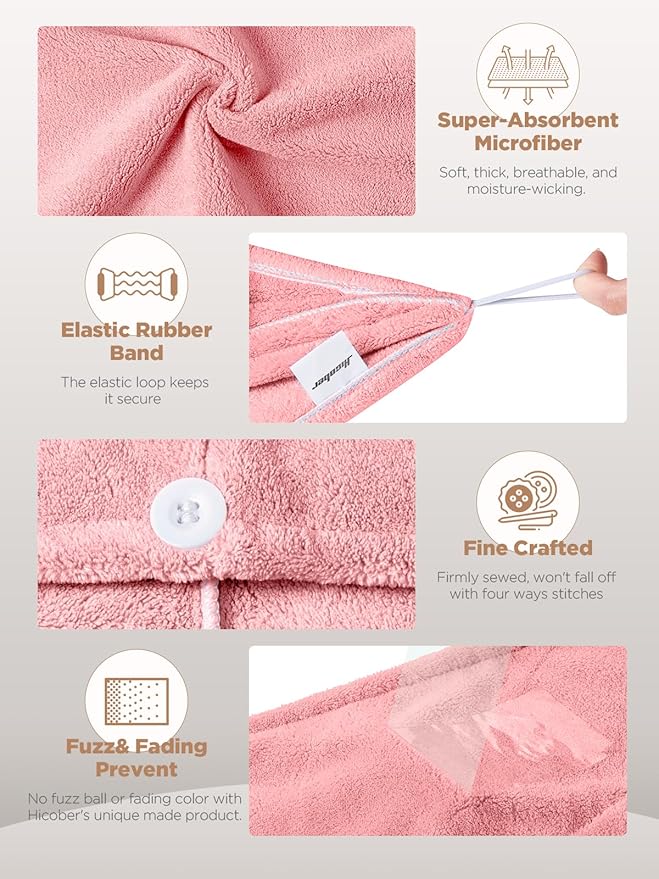 Hicober Microfiber Hair Towel, 3 Packs Hair Turbans for Wet Hair, Drying Hair Wrap Towels for Curly Hair Women Anti Frizz (Pink,Blue,Green)-VivaGrace Women