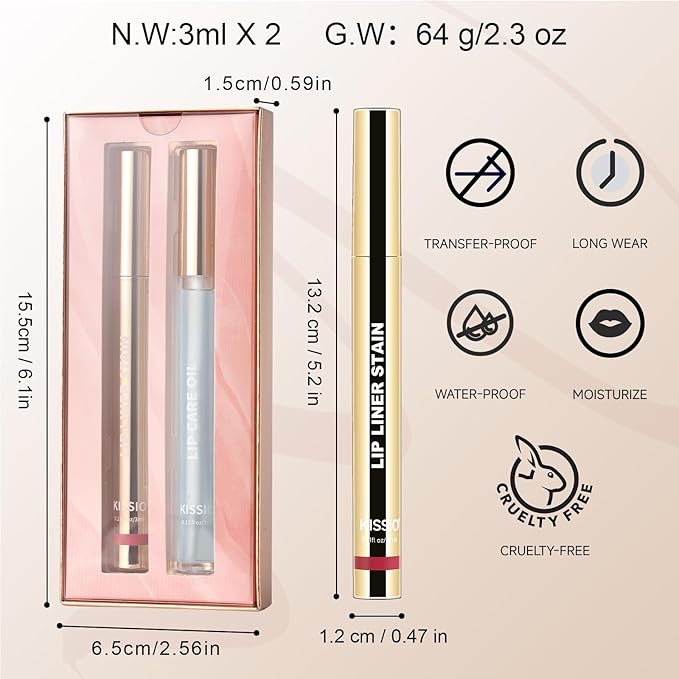 KISSIO Lip Stain Set,Peel Off Lip Liner Stain and Lip Care Oil,Transfer Proof,Long Lasting and Waterproof Lip Tint,Matte Finish,Lip Combo,05 Light brown-VivaGrace Women