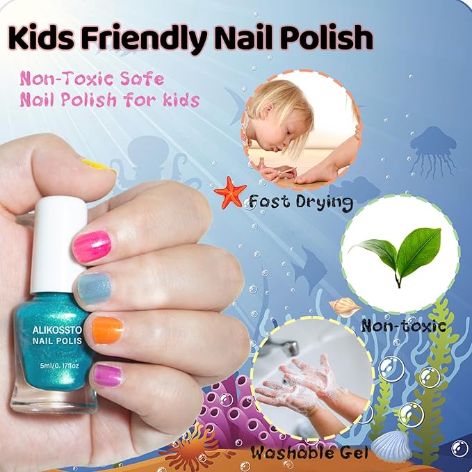 Kids Nail Polish Set for Girls 3+, 10 Sparkle Colors Non-Toxic Water Based Quick Dry Peel Off Glitter Polish Kit for Toddler Teen Party