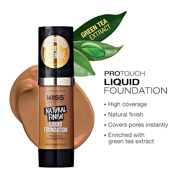 Kiss New York Professional Liquid Foundation - Lightweight and Hydrating Formula, Natural Finish, Control Shine, Cover Pores, Medium to Full Coverage, Green Tea Extract (Classic Tan)-VivaGrace Women