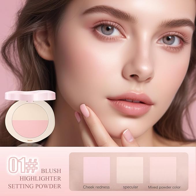 Pink Setting Powder, 3 in 1 Blush Palette with Puff, Highlighter Palette, Fine Texture Blush Pressed Powder, Setting Powder Makeup, Korea Makeup - Pink-VivaGrace Women