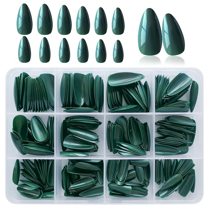 LoveOurHome 240pc Christmas Medium Press on Nails Almond Fake Nails Short Stiletto Almond Green Acrylic Nails Press ons Nail Full Cover False Artificial Nail with Glue Adhesive Tabs for Women Girls