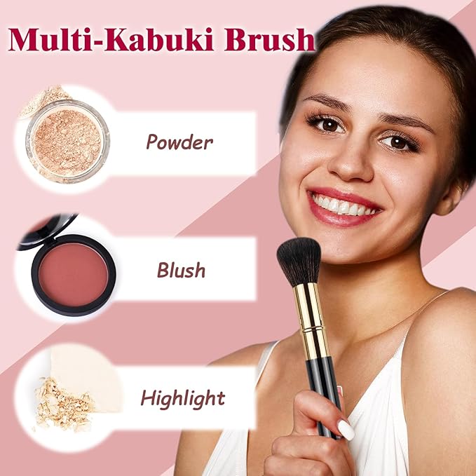 Retractable Kabuki Makeup Brushes 2 Pcs, Powder Brush/Foundation Brush/Blush Brush for Foundation, Powder Blush, Bronzer, Buffing, Liquid, Cream, with Cover-VivaGrace Women