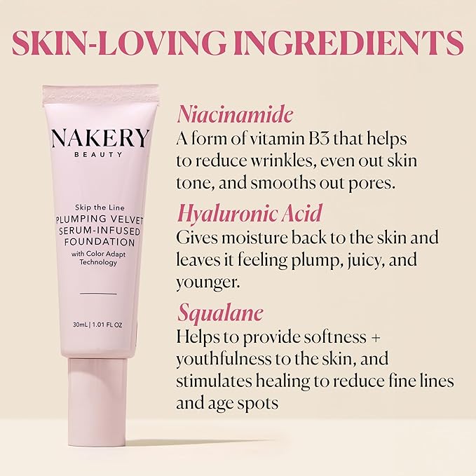 Nakery Skip the Line Full Coverage Foundation for Women - Plumping Velvet Womens Foundation Makeup Matte Finish - Age Defying Foundation - Moisturizing Foundation with Smart Color Adapt - Medium Deep-VivaGrace Women