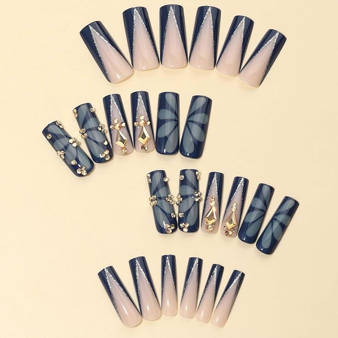 Dark Blue Press on Nails Long Nails Press Ons with Butterfly and Rhinestone Design for Women and Girls 24pcs (Dark Blue)