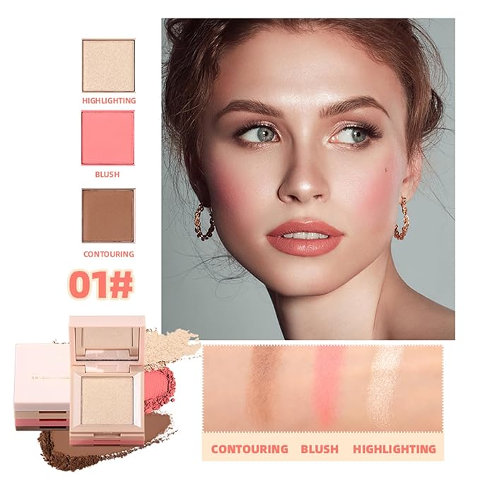3 in 1 Contour Highlighter Blush Makeup Palette, Shimmer Matte 3 Colors Pigmented Brighten Highlighting Bronzer Blusher Eyeshadow Pallet, Long Lasting Shaping Full Face Eyes Makeup kit with Mirror-VivaGrace Women