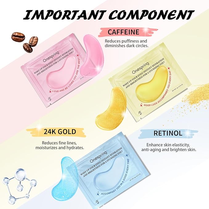 Eye Mask Gift Box (48 Pairs) - Caffeine, 24K Gold, Retinol Triple Energy - Fights Puffiness, Dark Circles, Fine Lines, Firming Under Eye Patches - Birthday, Bachelorette Party, Bridesmaid Gift-VivaGrace Women