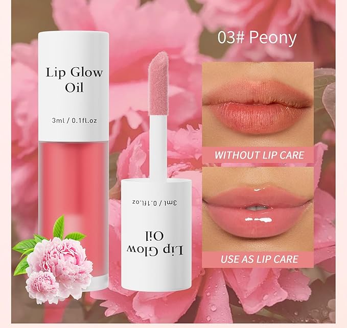 Plumping Lip Oil, Long Lasting Hydrating Lip Stain Lip Balm Revitalizing, Transparent and Tinting Lip Care Oil for Dry Lip (Peony)-VivaGrace Women