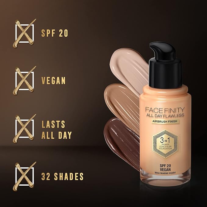 Max Factor Facefinity 3-in-1 All Day Flawless Liquid Foundation, SPF 20-44 Warm Ivory, 30 ml-VivaGrace Women
