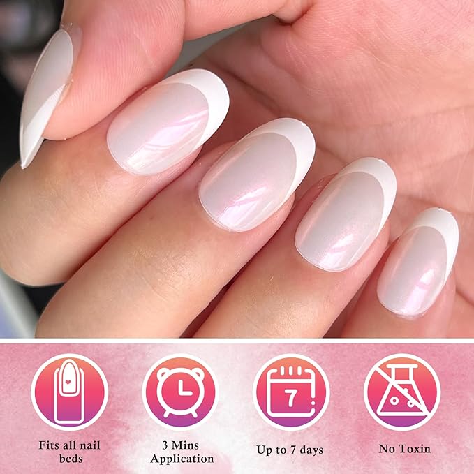 AddFavor French Tip Press on Nails Short Oval Fake Nails, 120pcs Glitter White French Tips Nails Press on Almond Nude False Acrylic Nails for Women and Girls