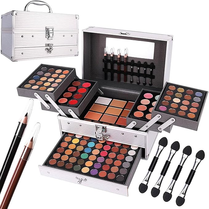 132 Color All In One Makeup Kit,Professional Makeup Case Set for Teen Girls, Multicolor Eyeshadow Palette(006N2-Silver)-VivaGrace Women