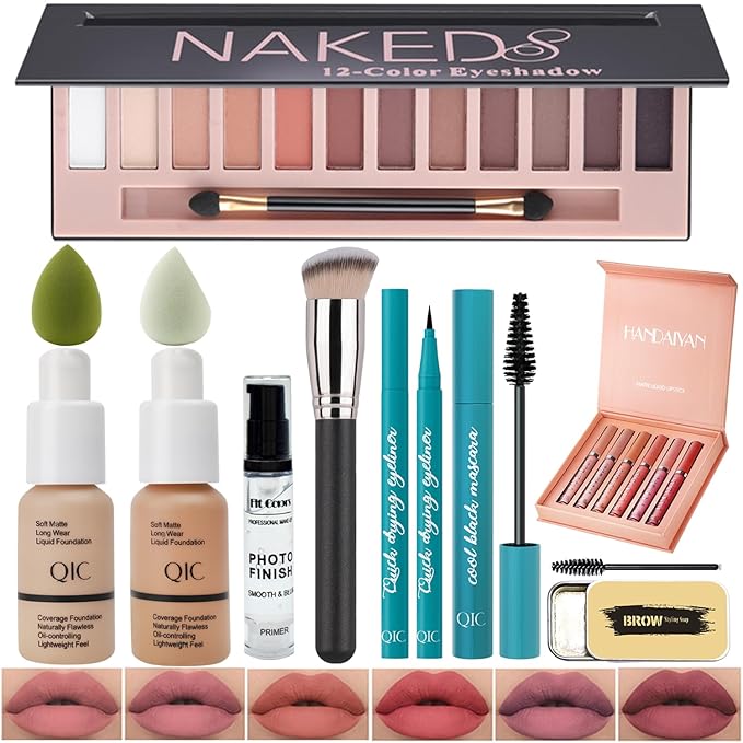 All In One Makeup Kit Full Kit 12 Colors Eyeshadow Palette,6 Colors Lipstick Set,2 Full Coverage Foundation,Primer,Eyebrow Soap,Waterproof Eyeliner and Mascara (104 Buff Beige +105 Sand+ Matte Shadow)-VivaGrace Women