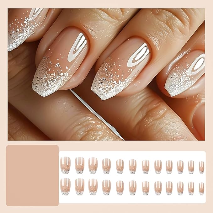 Coffin Press on Nails Medium Fake Nails White Ombre False Nails with Glitter Designs Medium Ballet Shaped Glue on Nails Glossy Artificial Nails Natural Stick on Nails for Women 24Pcs