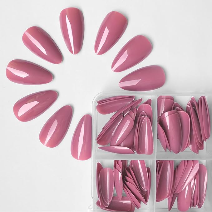 LoveOurHome 240pc Almond Press-on Medium Fake Nail Tips - Full Cover Lotus Pink Artificial Fingernails - Short Stiletto Nails - Press-ons with Glue & Adhesive Tabs