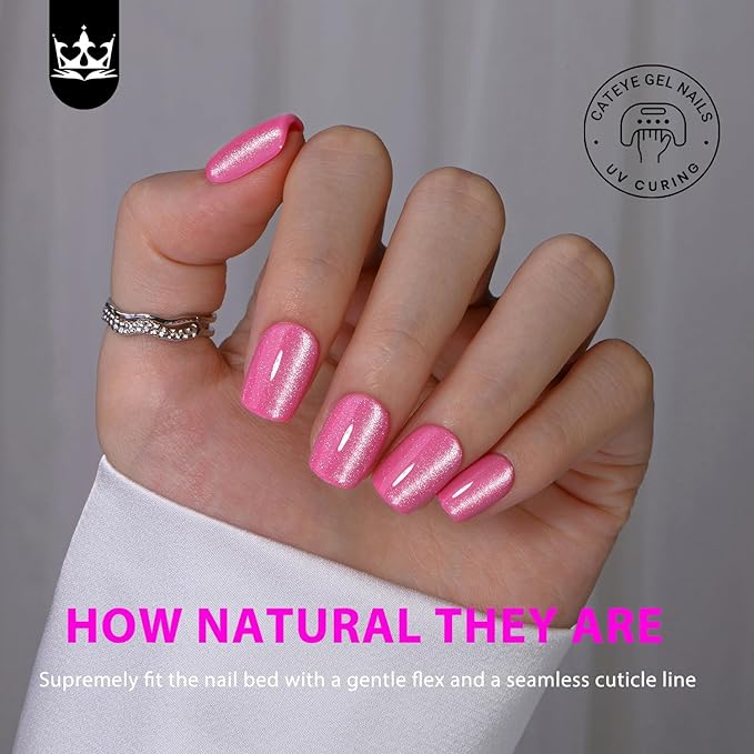 KQueenest Cat Eye Neon Hot Pink Press on Nails Short Square, Thick Glitter Gel Nails Press ons, Sparkle Bling Fake Acrylic Nails Glue on Short, Shiny Cute False Nails Set for Women Party Wear 30 Pcs