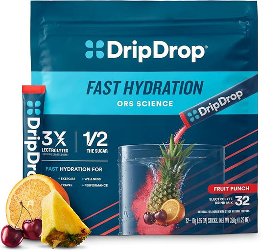 DripDrop Hydration Packets - Fruit Punch - Single Serve Electrolytes Powder Drink Mix - Non-GMO, Gluten Free, Vegan - 32 Sticks-VivaGrace Women