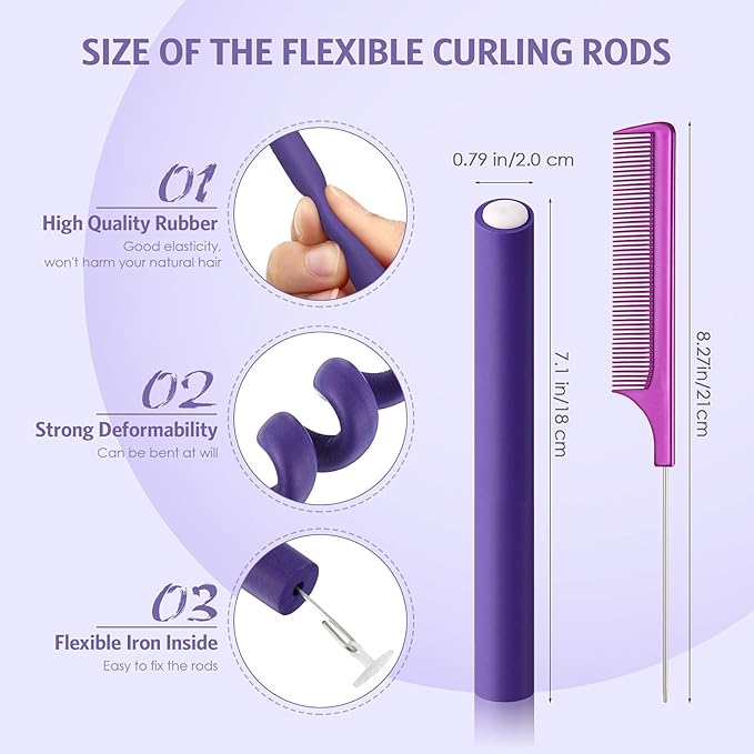 Syhood 30 Pieces Flexible Curling Rods Twist Hair Rollers Soft Foam Rods No Heat and 1 Pcs Steel Rat Tail Comb for Women Long and Short Hair(7 x 0.8 Inch,Purple)