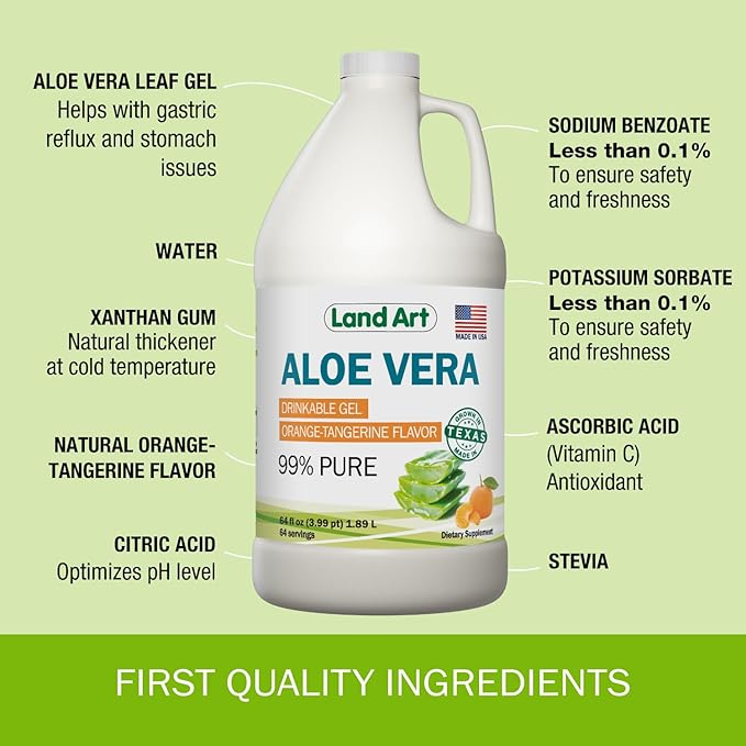 Pure Aloe Vera Drinkable Gel - Orange Tangerine Flavored - Cold-Processed Inner Filet - from Organic Fresh Leaves from Texas - for Heartburn Relief - Acid Reflux - 64 fl oz-VivaGrace Women