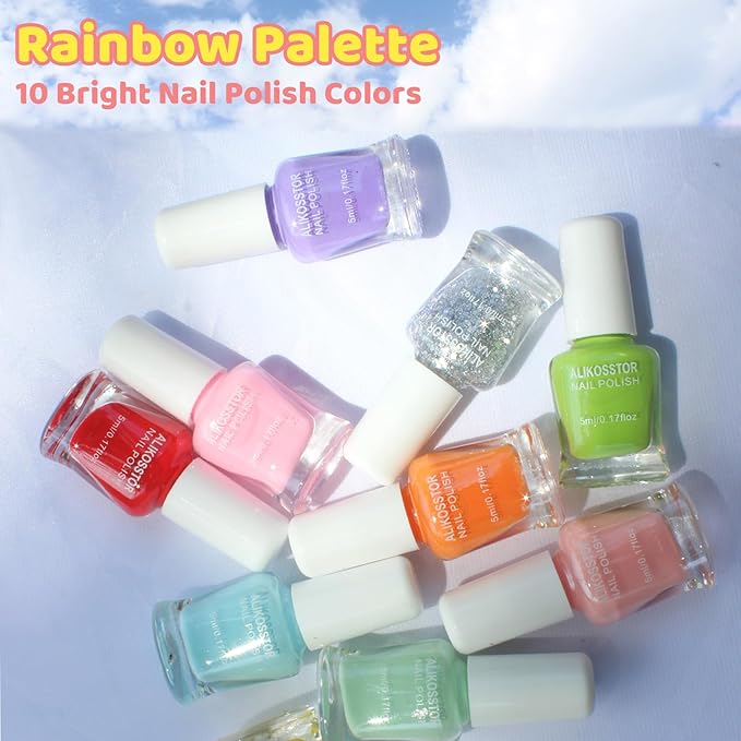 Kids Nail Polish Set for Girls - 10 Rainbow Colors Non-Toxic Quick Dry Peel Off Water Based Nail Polish Toys Kit for Toddler Teen Party