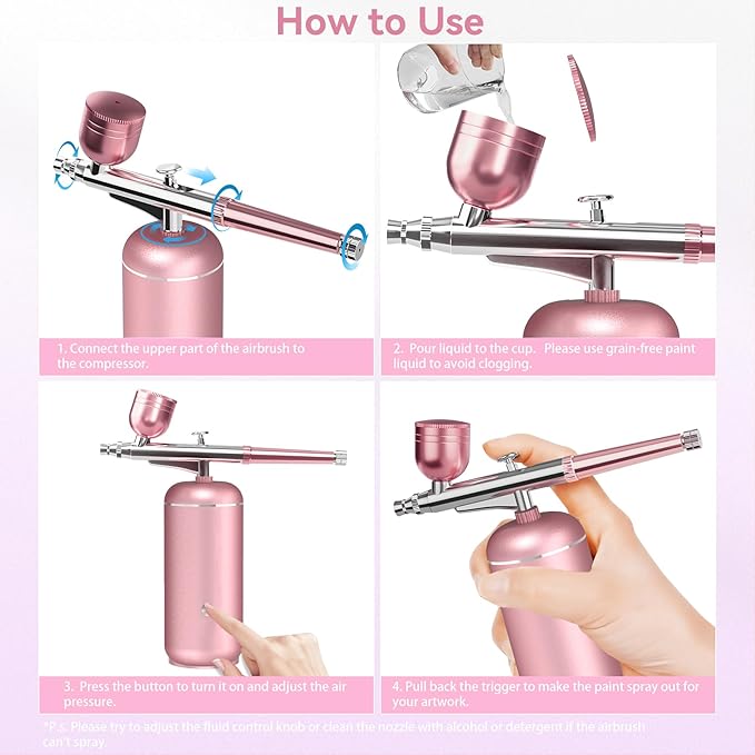 Airbrush Kit with Compressor - 48PSI High-Pressure, Non-Clogging Air Brush Set Cordless Rechargeable with 0.3mm Nozzle and Cleaning Brush for Nail Art, Makeup, Painting, and Cake Decorating-VivaGrace Women