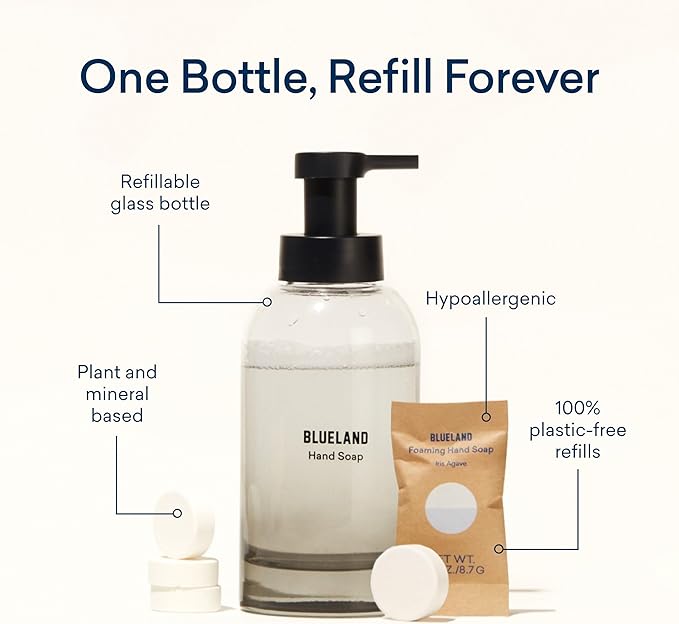 BLUELAND Hand Soap Starter Set Slate, 1 Refillable Glass Foaming Hand Soap Dispenser with 4 Refill Tablets, Iris Agave Scent, 4 x 9 Fl oz