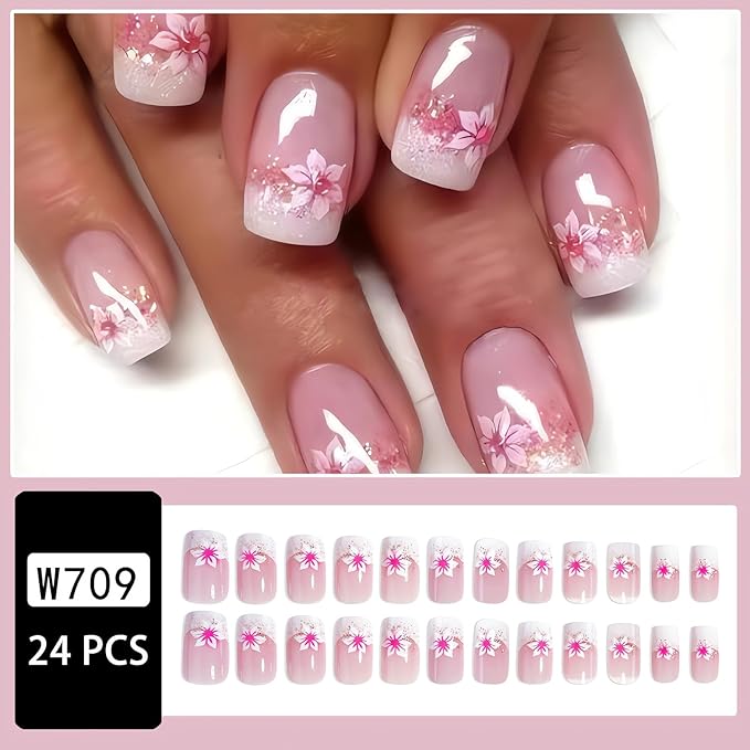 Cute Flower Press On Nails - Medium Pink, White French Tip, Square Shape, Glossy Pink, Short Artificial Nails for Women