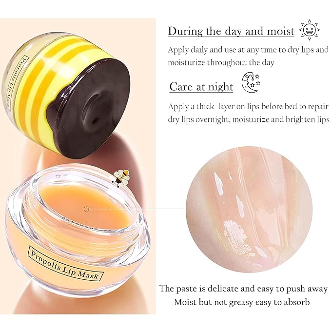Lip Balm Honey Pot, Propolis Moisturizing Lip Mask Overnight, Hydrating Prevention Dry and Cracked Lip Scrubs Exfoliator Lip Sleeping Mask-VivaGrace Women