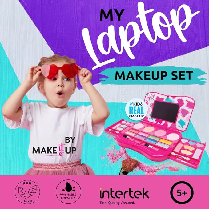 My First Makeup Set for Young Girls I Kids Makeup Kit for Little Girls I Foldable Makeup Palette with Makeup Mirror I Pink Set Makeup for Kids Vanity I Washable Laptop Design Toddler Makeup Kit Gift-VivaGrace Women