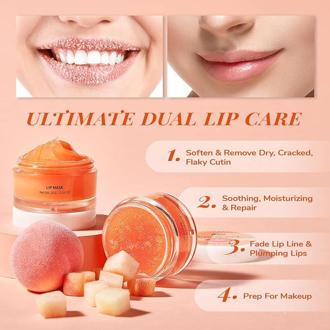 ANAI RUI Lip Balm Mask & Lip Scrub Set, Lip Care Kit, Overnight Lip Treatment with Lip Sleeping Mask & Sugar Lip Exfoliator Scrub, Lip Moisturizer for Dry, Chapped, Dark Lips, Reduce Fine Lines, Peach-VivaGrace Women