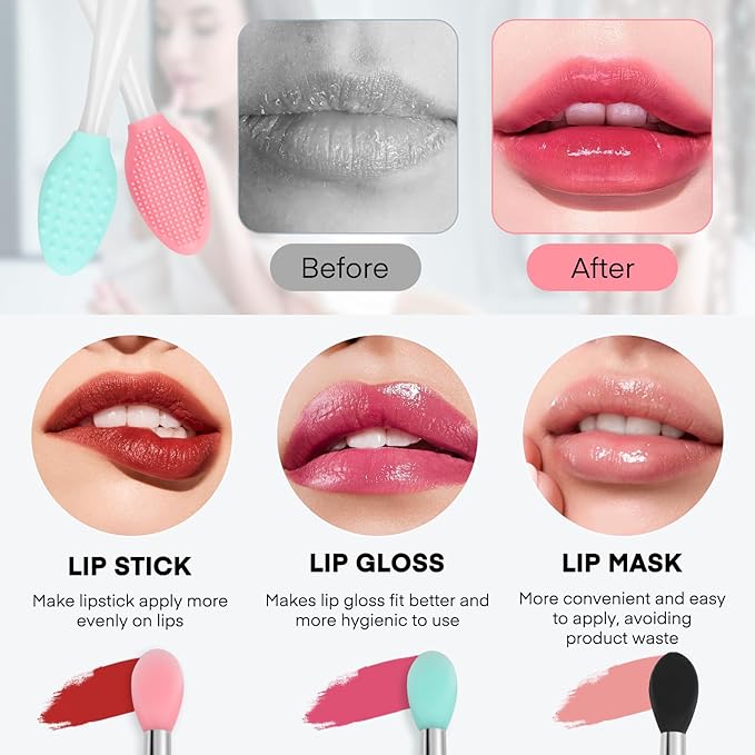 Unaone Lip Scrub Brush - 3 PCS Dual-ended Lip Scrubber Exfoliator and Silicone Lip Brush, 2-in-1 Silicone Lip Scrub Tool Lip Mask Applicator, Gentle Exfoliator & Applicator for Soft-VivaGrace Women