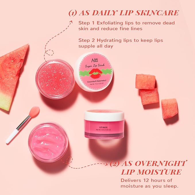 Lip Mask Set, Lip Scrub & Lip Butter, Overnight Lip Treatment Set Enriched With Skin Softening Ceramide & Watermelon and Hydrating Shea Butter, For A Softer & Smoother Pout-VivaGrace Women