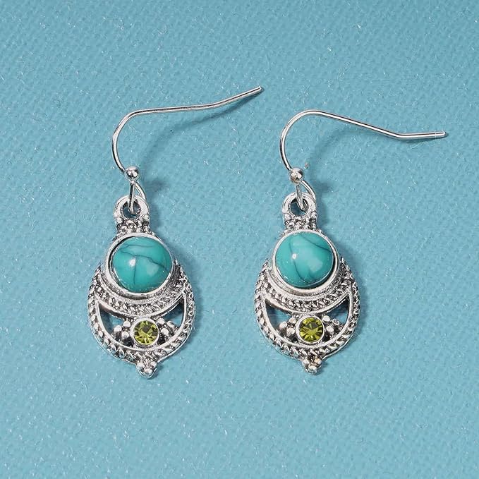 Boho Ethnic Turquoise Drop Earrings Silver Teardrop Turquoise Earrings Gemstone Hook Earrings Retro Drop Dangle Earrings Jewelry for Women and Girls-VivaGrace Women