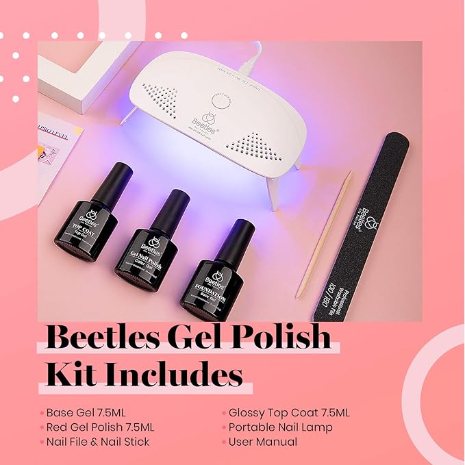 Beetles Red Gel Nail Polish Kit with UV LED Light and Base Top Coat Starter Kit Soak Off Red Gel Polish Set with Lamp Nail File for DIY at Home Manicure Gifts for Women