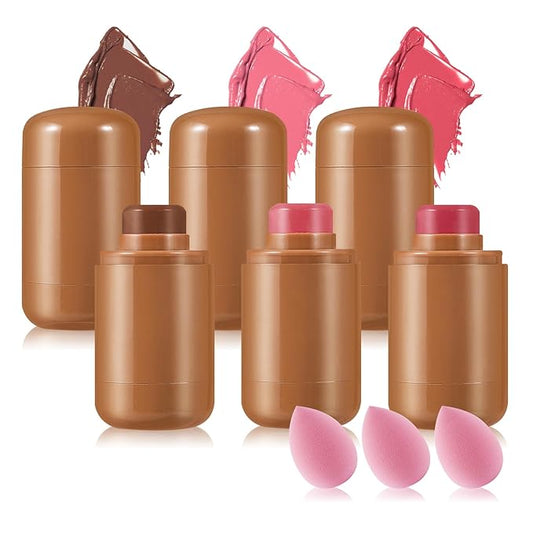 3PCS Blush Stick for Cheeks,Multi-use Solid Matte Makeup Stick Blush Cream for Cheek Eyes and Lips Tint,Moisturizing Tinted Cream Blush,Natural Blendable Cheek Blusher with 3 Makeup Sponges A4-VivaGrace Women