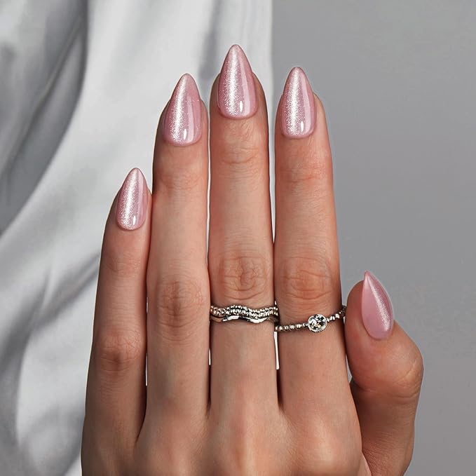 KQueenest Cat Eye Nude Pink Press on Nails Short Almond with UV Coating, 30 Pcs Thick Glitter Fake Nails Glue on, Cute Sparkle Shinny Acrylic Nails with Bling Design, Reusable False Nails for Women