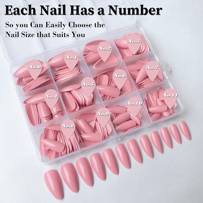 LoveOurHome 240pc Almond Press on Nails Medium Fake Nail Tips Colored Acrylic Nails Press ons Nail Almond Pink Glue Nail Short Stiltto Artificial Fingernail & Glue Adhesive Tabs for Women Girls Kids