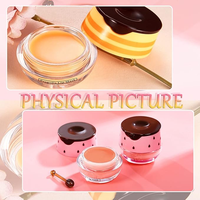 Bee Lip Balm Honey Pot, 2 PCS Strawberry & Honey Lip Masks Hydrating Prevention Dry and Cracked Lip Scrubs Exfoliator,Lip Sleep Mask Reduces Lip Lines,Lip Exfoliating BeeLip Balm Sleeping Lip Mask-VivaGrace Women
