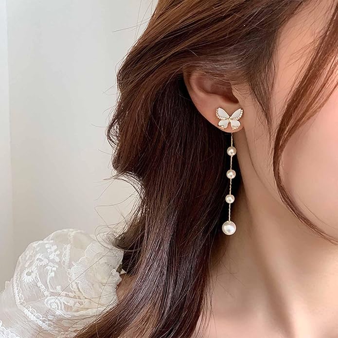 Vintage Butterfly Pearl Drop Earrings Gold Pearl Chain Earrings Long Pearl Tassel Earrings White Butterfly Stud Earrings Wedding Pearl Earrings Jewelry for Women-VivaGrace Women