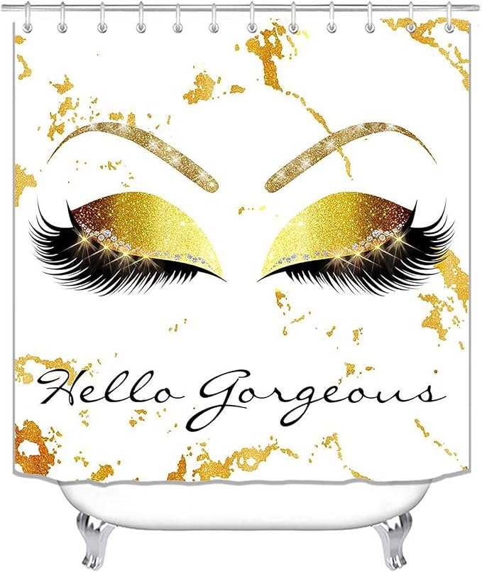 4PCS Hello Gorgeous Unicorn Eyelash Shower Curtain Set with Rugs, Luxury Diamond Gold Glitter Eyebrow Eyeshadow Makeup White Marble Glam Modern Fashion Women Bathroom Decor, Hello Gorgeous-VivaGrace Women