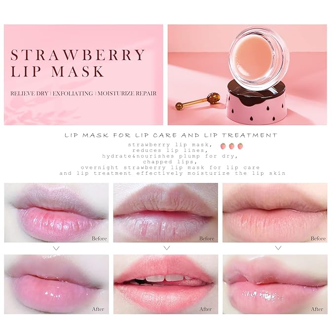 2PCs Strawberry Lip Sleeping Mask,Bee Lip Balm Honey Pot, Bee Lip Honey Pot with Wand Nourishes Lips, Overnight Strawberry Propolis Honey Balm Lip Mask for Lip Care Moisturize Lip Skin-VivaGrace Women