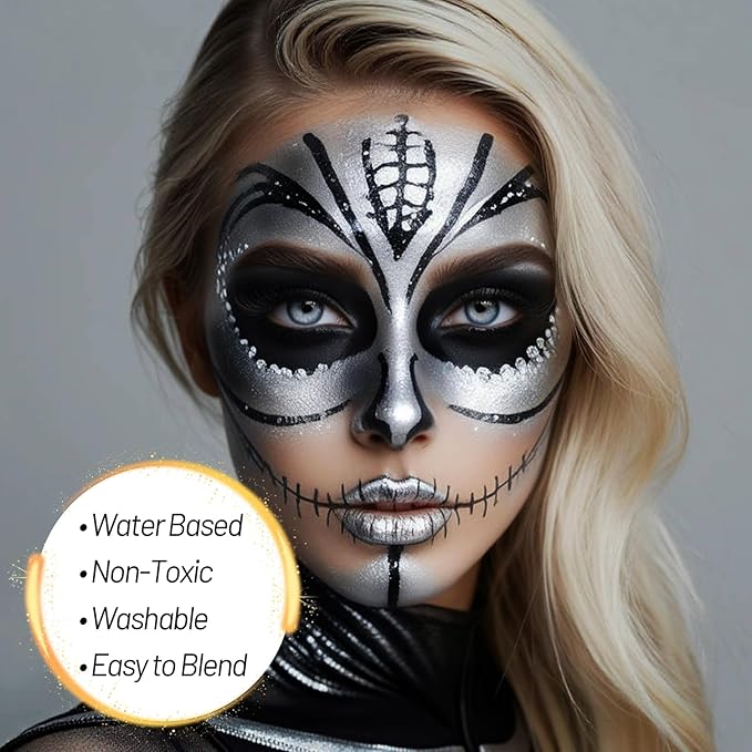 Sliver Water Based Face Body Paint, 2.37 OZ Large Tube Full Coverage Face Paint for Skull Goth Cosplay, Washable Metallic Silver Body Painting Cream for Adult Carnival Halloween SFX Makeup-VivaGrace Women