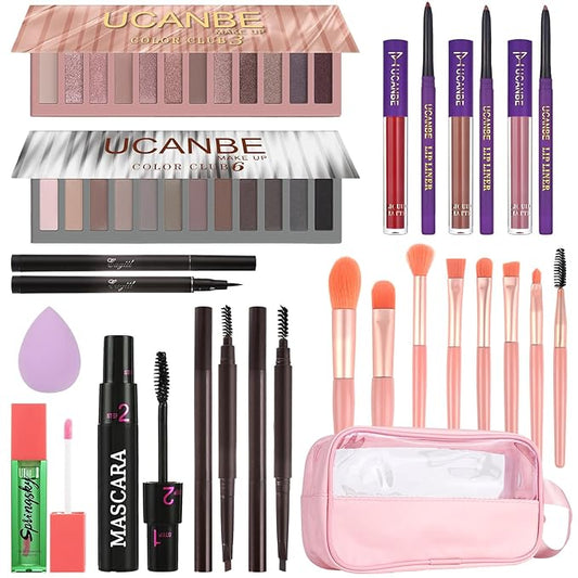 UCANBE All in One Makeup Full Kit for Women, Naked Nude Eyeshadow Palette, Matte Liquid Lipstick, Lipliner, Eyeliner, Mascara, Eyebrow Pencil, Makeup Brush & Sponge, Make Up Gift Set-VivaGrace Women