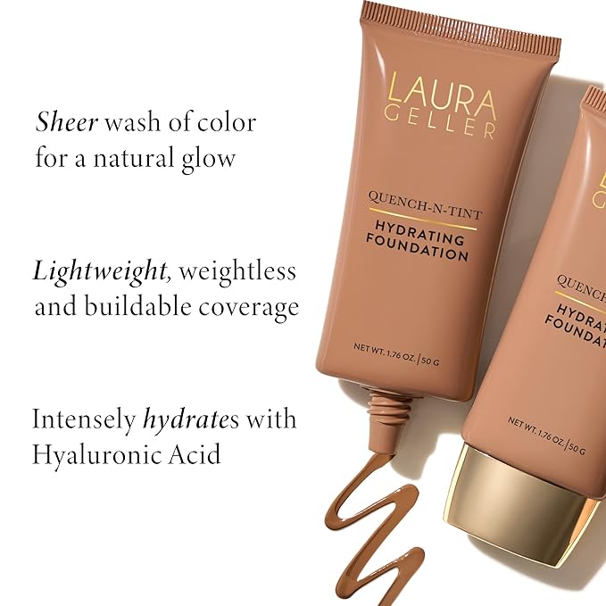 LAURA GELLER NEW YORK Quench-n-Tint Hydrating Foundation - Medium/Deep - Sheer to Light Buildable Coverage - Natural Glow Finish - Lightweight Formula with Hyaluronic Acid-VivaGrace Women